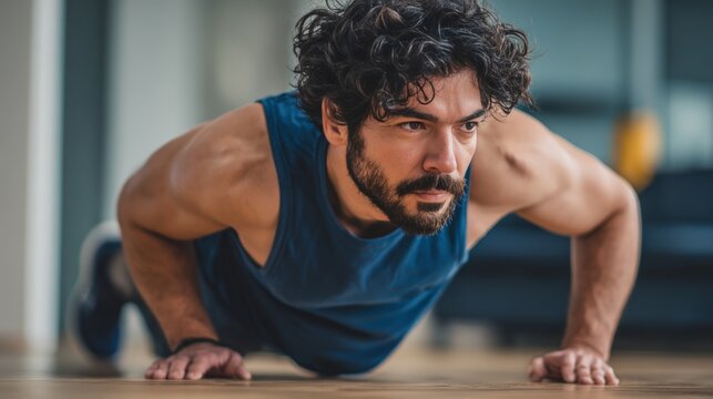 Man with Curly Hair Exercising in Plank Position in Modern Interior - Powered by Adobe