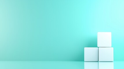A minimalist white cube arrangement against a light blue background.
