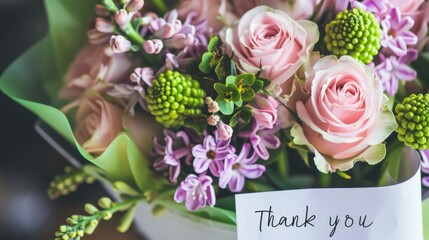 A bouquet of pink roses, green flowers, and purple blooms arranged in a vase. A card with 'Thank you' is attached to the bouquet.