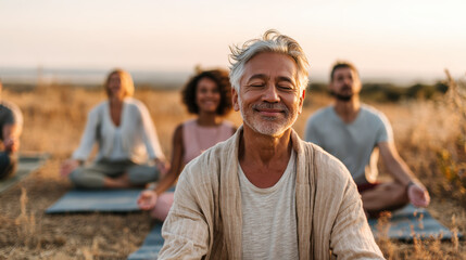 Senior Man Enjoying Yoga Session Outdoors with Group in Warm Natural Light