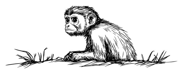 baby monkey sitting in grass hand drawn sketch © Kaz