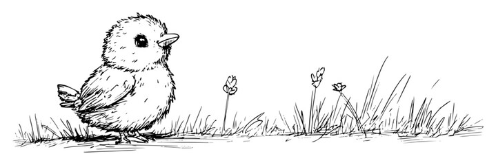 cute baby chick in grass hand drawn vector sketch © Kaz