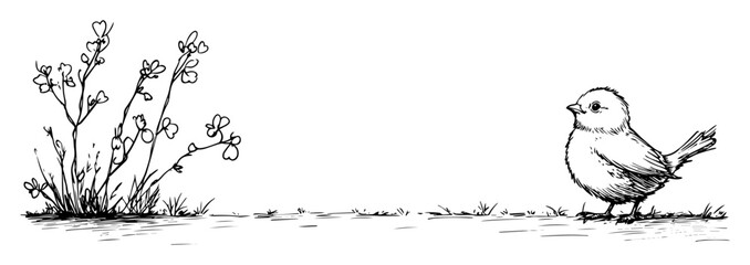 small bird looking at flowering bush vector sketch illustration