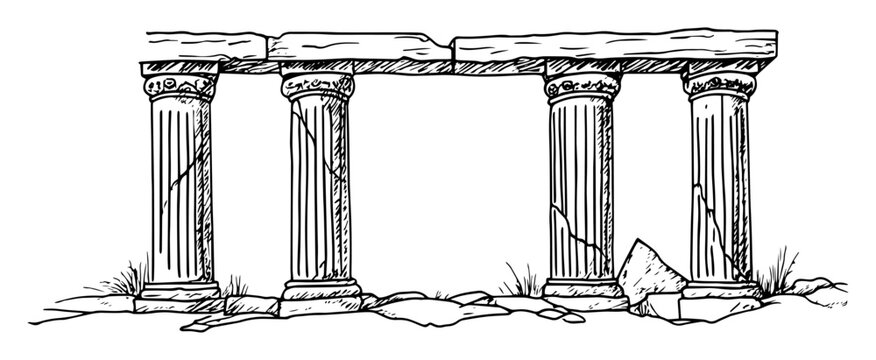 hand drawn ancient greek temple columns ruins sketch illustration