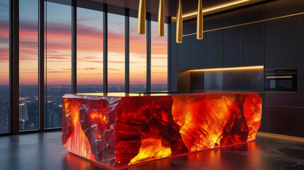 A luxury kitchen in a skyscraper at sunset with an island made of translucent red mineral reminiscent of carnelian. Soft lighting highlights the fiery shades of the stone.