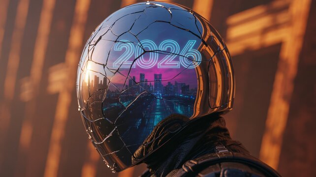 Hyperrealistic Close Up Photograph of a Cracked Cyberpunk Helmet Reflecting Neon Cityscape and the Year 2026 - Powered by Adobe