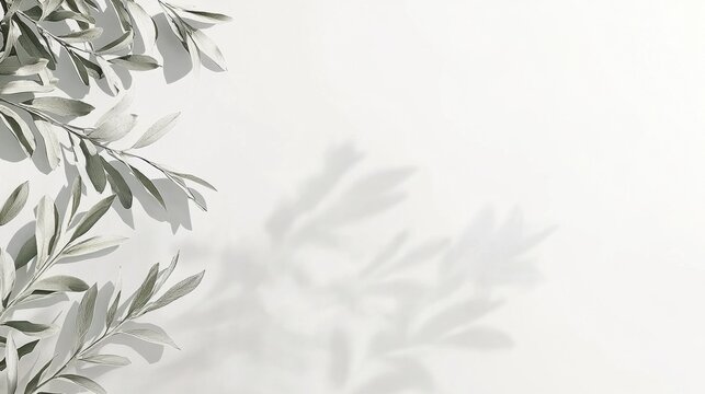A minimalist white background with a subtle gray leafy plant on the left.