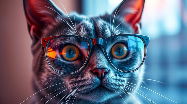 A grey cat in futuristic cyberpunk glasses looks straight into the frame. Op art reflections in the lenses create a neon atmosphere. Perfect for tech, sci-fi and style themes.