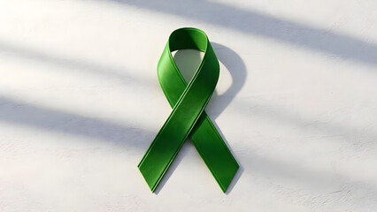 Green awareness ribbon on a soft textured background, symbolizing support for mental health and various causes, creating a meaningful visual representation of hope and solidarity