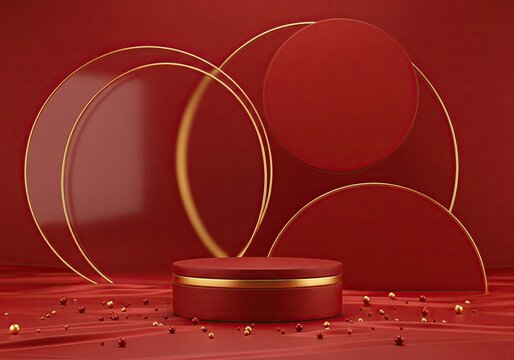 3D render of geometric red and gold podium with abstract circular shapes background for luxury products