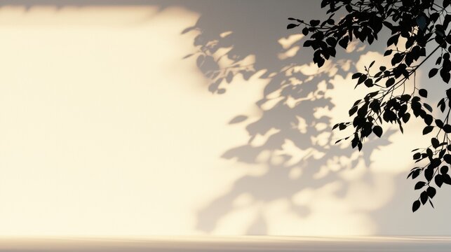 A serene landscape with a light beige wall and a tree branch with leaves.