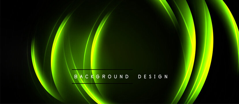 Dark backdrop features glowing neon green curved layers. Text reads background design centered below arcs. Modern, dynamic visual presentation.