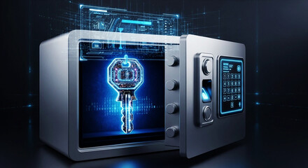 Open digital safe reveals glowing futuristic key with binary code and circuit board details security