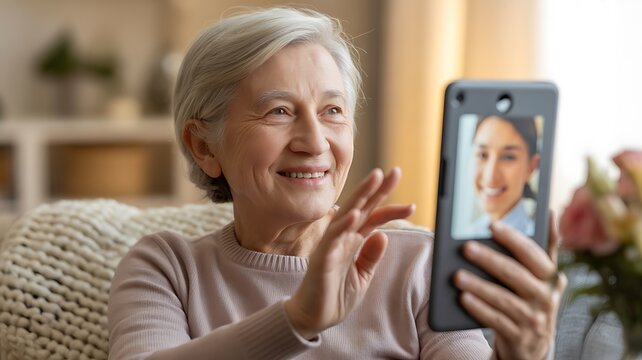 Elderly woman smiling while video calling on a tablet