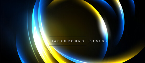 Abstract neon lights create dynamic circular shapes. Dark background emphasizes bright yellow, blue glows. Modern design element.