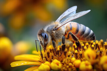 Bee collecting nectar from vibrant yellow flowers in a garden during sunny afternoon