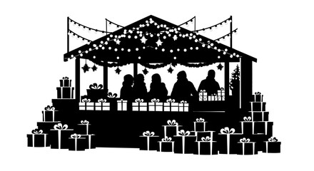 Obraz premium Silhouette of Santa s Workshop Grotto with Elves and Piles of Christmas Gifts