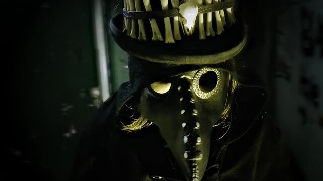 Portrait shot with dramatic lighting of a plague doctor at night in a dark, abandoned building
