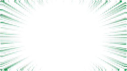 Obraz premium Fresh green halftone radial frame with dotted gradient rays forming bright energetic opening, modern abstract background ideal for comic style layouts and dynamic graphic design
