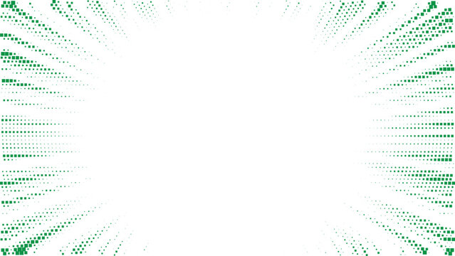 Fresh green halftone radial frame with dotted gradient rays forming bright energetic opening, modern abstract background ideal for comic style layouts and dynamic graphic design
