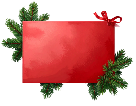Elegant Red Card Surrounded by Pine Twigs Isolated on Transparent Backdrop Ideal for Holiday Greetings Announcements or Promotions Exuding Sophistication and Seasonal Cheer in Every Design