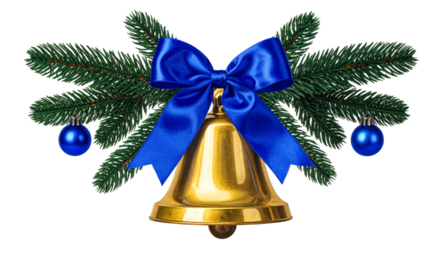 Golden Bell with Blue Ribbon and Fir Branches Christmas Decoration for Festive Season Arrangement Ornament Isolated on Transparent Background Celebrating Traditional Winter Holiday