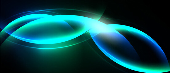 Abstract flowing shapes, vibrant turquoise hues, bright light source. Dark background emphasizes luminous curves, creating dynamic visual effect.