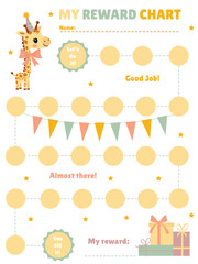 Motivational chart for children to earn rewards, featuring a funny giraffe and gifts