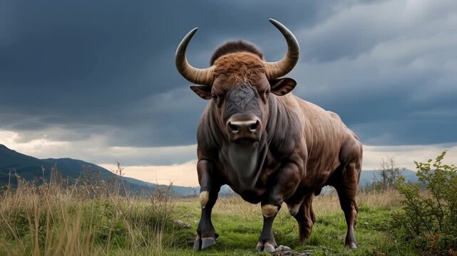 Powerful beefalo roaring in misty mountain landscape roaring loudly