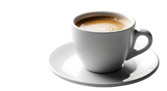 Steaming cup of rich espresso on a white saucer, perfect for a morning boost.