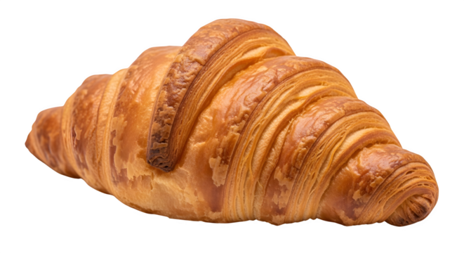 Golden brown flaky croissant with layers, isolated on white