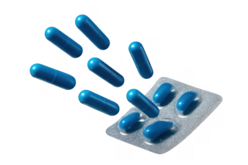 Blue capsules and blister pack flying, concepts of healthcare, treatment, pharmacy, and medication on transparent background