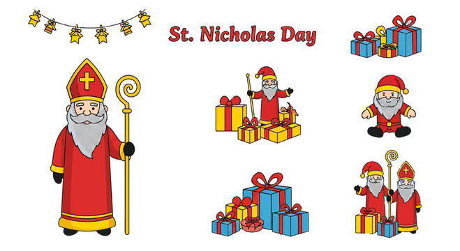 Celebrate St Nicholas Day with Festive Gifts and Characters, a charming holiday illustration perfect for greeting cards, invitations, and seasonal promotions, originally vector