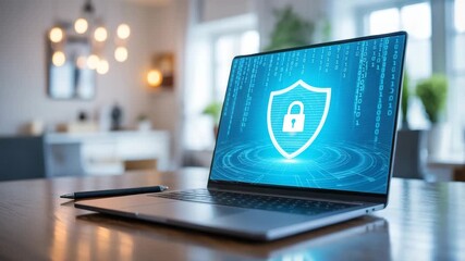 Digital security shield on laptop screen – Data protection, cybersecurity, and modern technology concept - Powered by Adobe