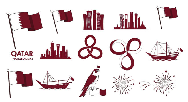 Celebrate Qatar National Day with this elegant design featuring iconic symbols like the flag, skyline, dhow boats, and a falcon, perfect for a patriotic tribute