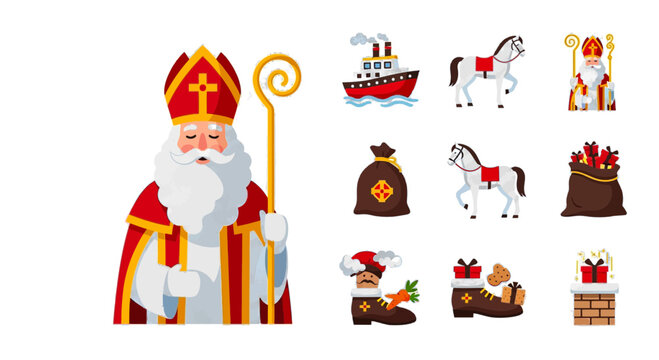 Celebrate Sinterklaas with festive icons of Saint Nicholas, his horse, presents, and joyful traditions, perfect for holiday greetings and charming seasonal designs