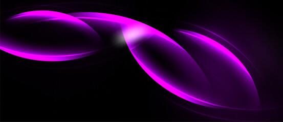 Abstract purple shapes flow across black background. Bright highlights suggest light, movement, energy. Minimalist design creates modern feel.