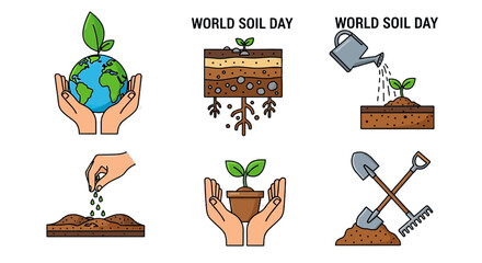 Celebrate World Soil Day with this earthy collection of hands nurturing seeds, plants, and the planet, inspiring growth and sustainability for a greener tomorrow, originally a scalable vector graphic