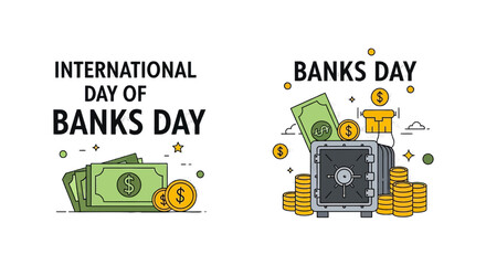 Celebrate International Banks Day with Financial Security and Prosperity, Featuring Money, Coins, and a Safe, Perfect for Bank Promotions and Financial Literacy Campaigns
