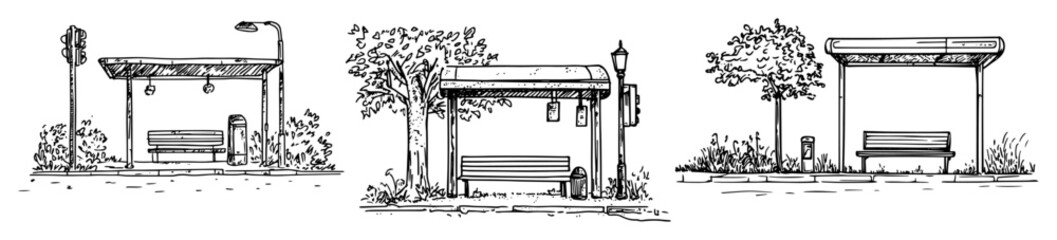 bus stop with bench set hand drawn vector sketch illustration © Kaz