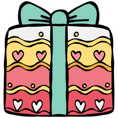 christmas Colorful gift box with hearts and a bow on top.