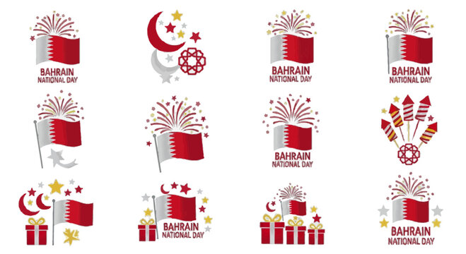 Celebrate Bahrain National Day with festive emblems showing the flag, fireworks, gifts, stars and crescent moons conveying joyful patriotism and cultural pride