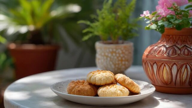 A beautifully composed still life captures a plate of freshly baked, golden-brown cookies arranged on a rustic white table, bathed in soft, natural light. The assortment of cookies displays varied tex