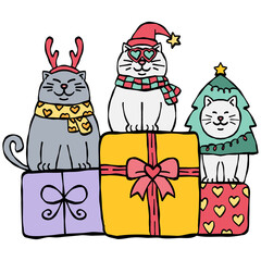 christmas Three festive cats with holiday gifts and decorations.