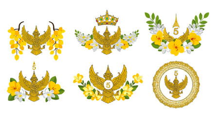 Golden Garuda emblems with floral adornments, a symbol of Thailand, perfect for cultural celebrations or artistic designs with traditional Thai motifs, conveying elegance and heritage