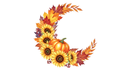 Vibrant crescent moon frame of autumn sunflowers, leaves, and pumpkin for seasonal design