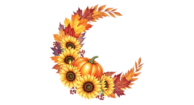 Vibrant crescent moon frame of autumn sunflowers, leaves, and pumpkin for seasonal design