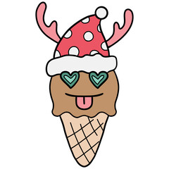 christmas Festive ice cream cone with holiday decorations and cute facial features.