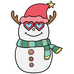 christmas Cheerful snowman wearing a hat and heart-shaped glasses.