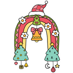groovy christmas Festive rainbow illustration with Christmas elements and decorations